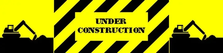Animiertes Gif im Clip-Art Stil mit jeweils einem Bagger auf jeder Seite (Rechts und Links), welche Erde aus einem Loch schaufeln und auf einen Haufen daneben schütten. Im Zentrum des Bildes befindet sich ein Text mit den Worten 'Under Construction' auf gelbem Grund, welcher von einem Gelb-Schwarz schraffierten Untergrund umgeben ist.